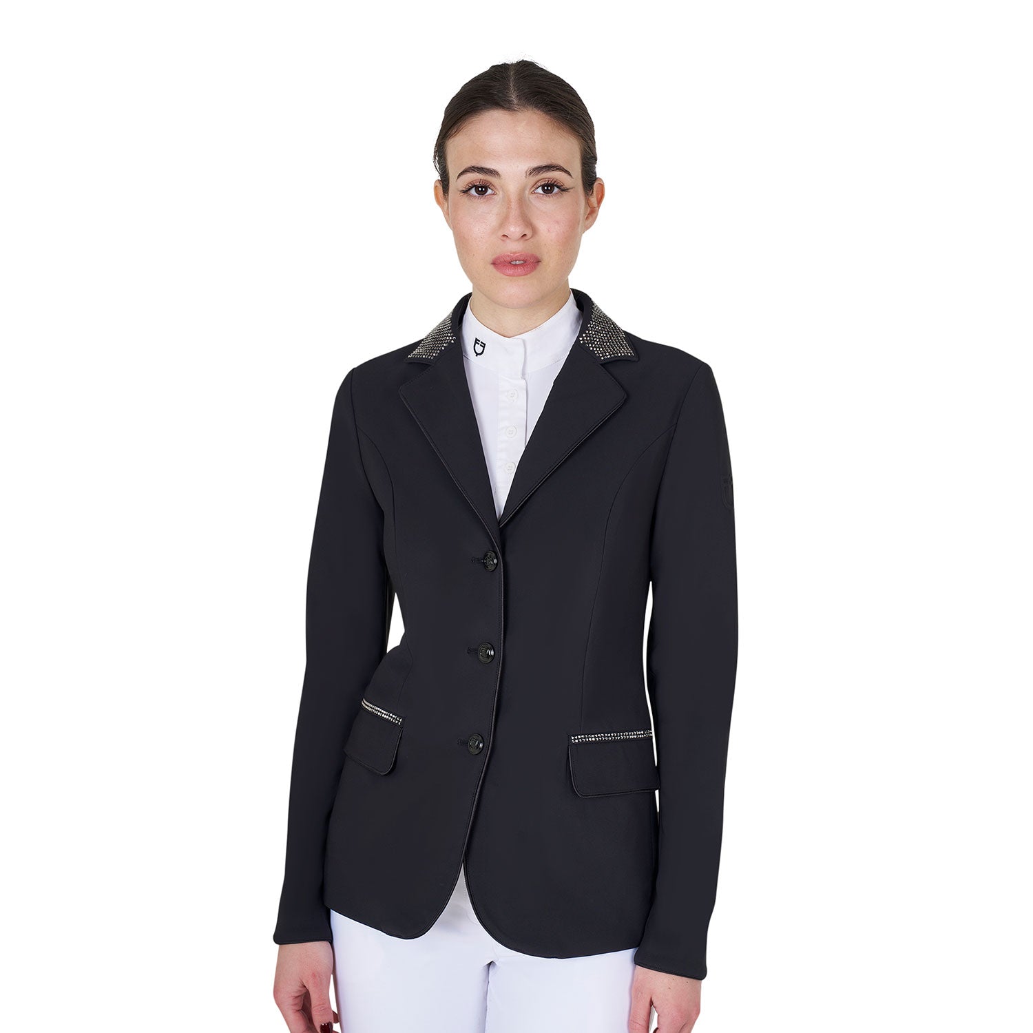black women’s competition jacket with rhinestones