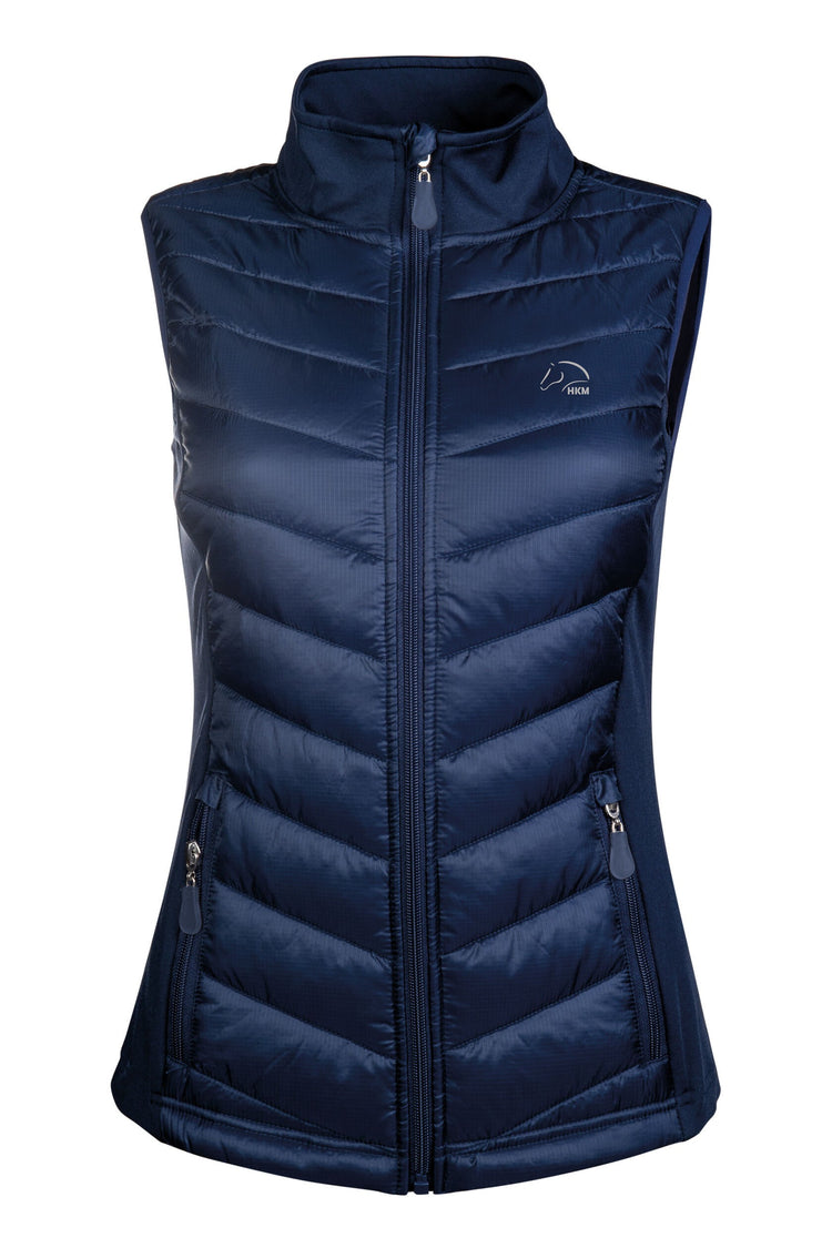 hkm basel style jersey nylon equestrian vest with stand up collar blue