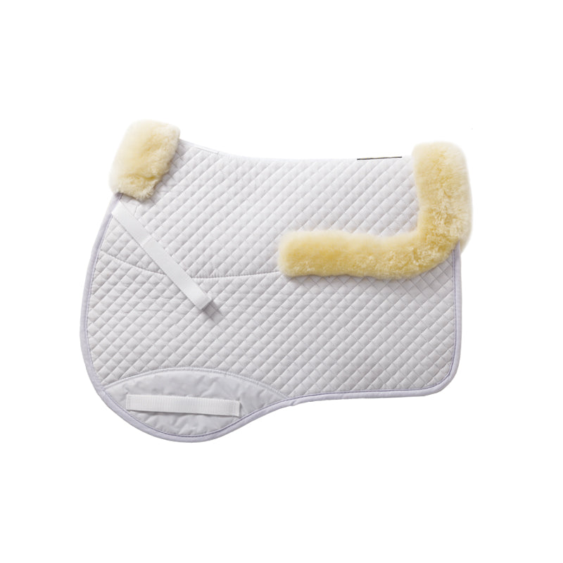 White dressage saddle blanket with sheepskin underside