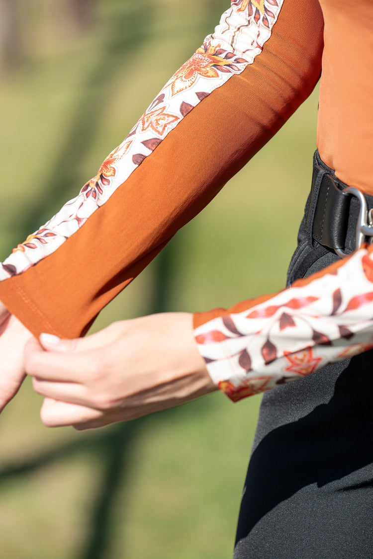 women’s riding shirt tailored fit with sleeves and collar flower print brown