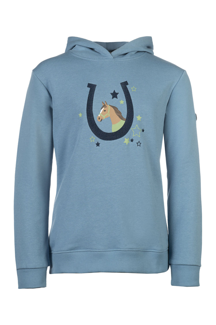 soft breathable kids riding hoody with horse print design smokey blue