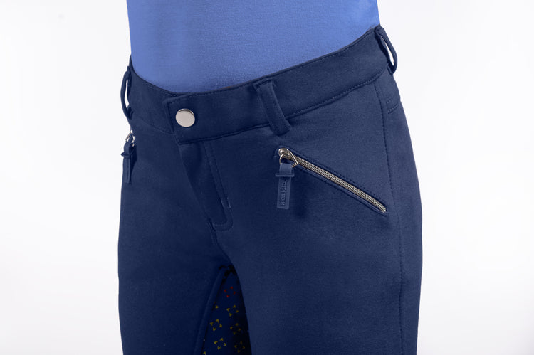 kids equestrian breeches with zip pockets and stretchy fabric