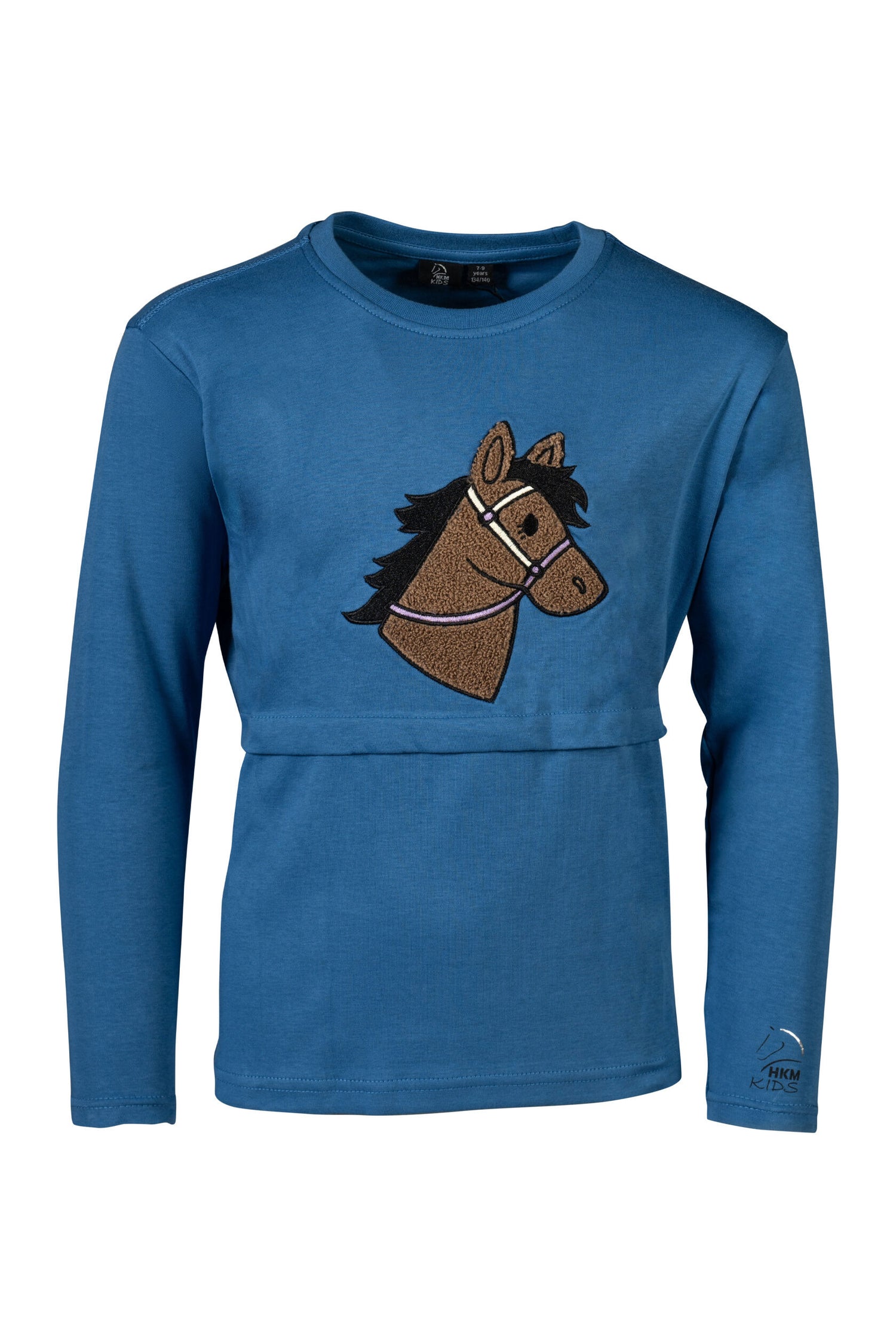 soft kids riding shirt with horse head print and brushed inside blue