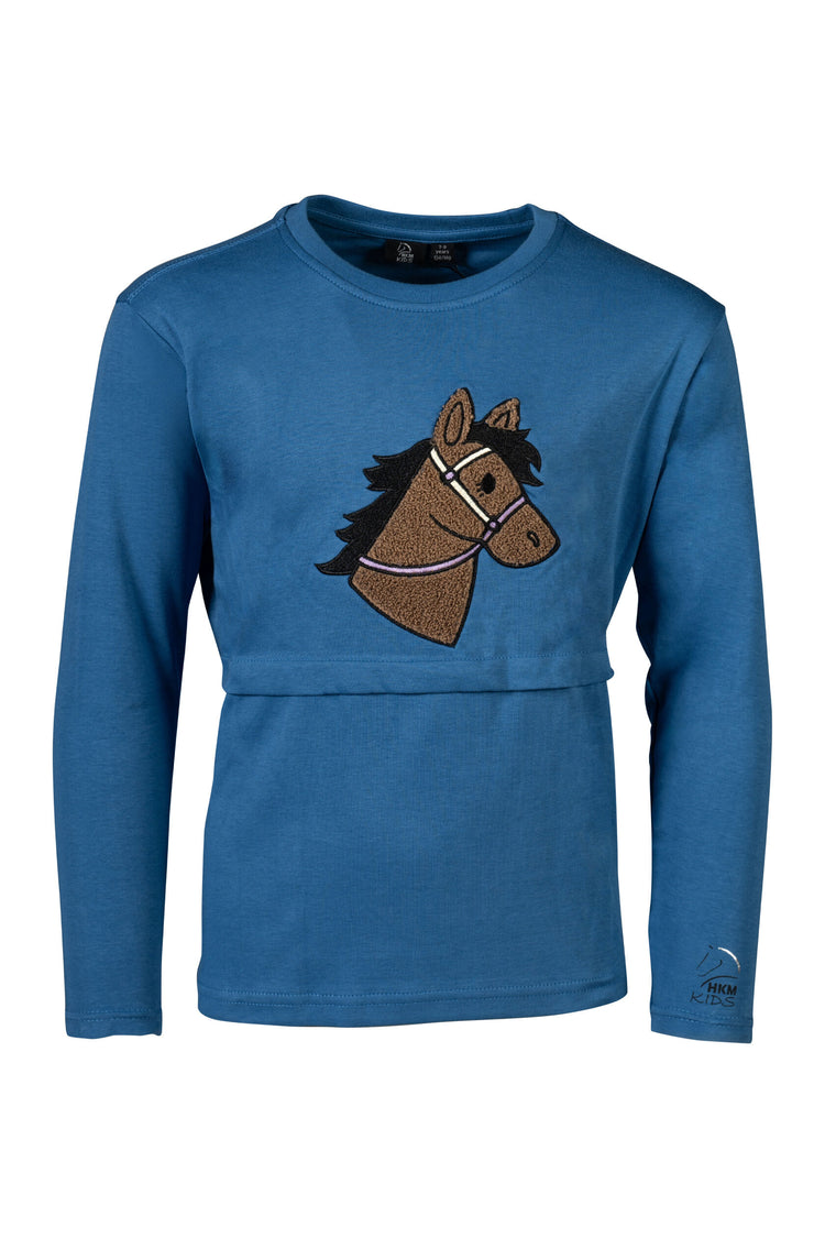 soft kids riding shirt with horse head print and brushed inside blue