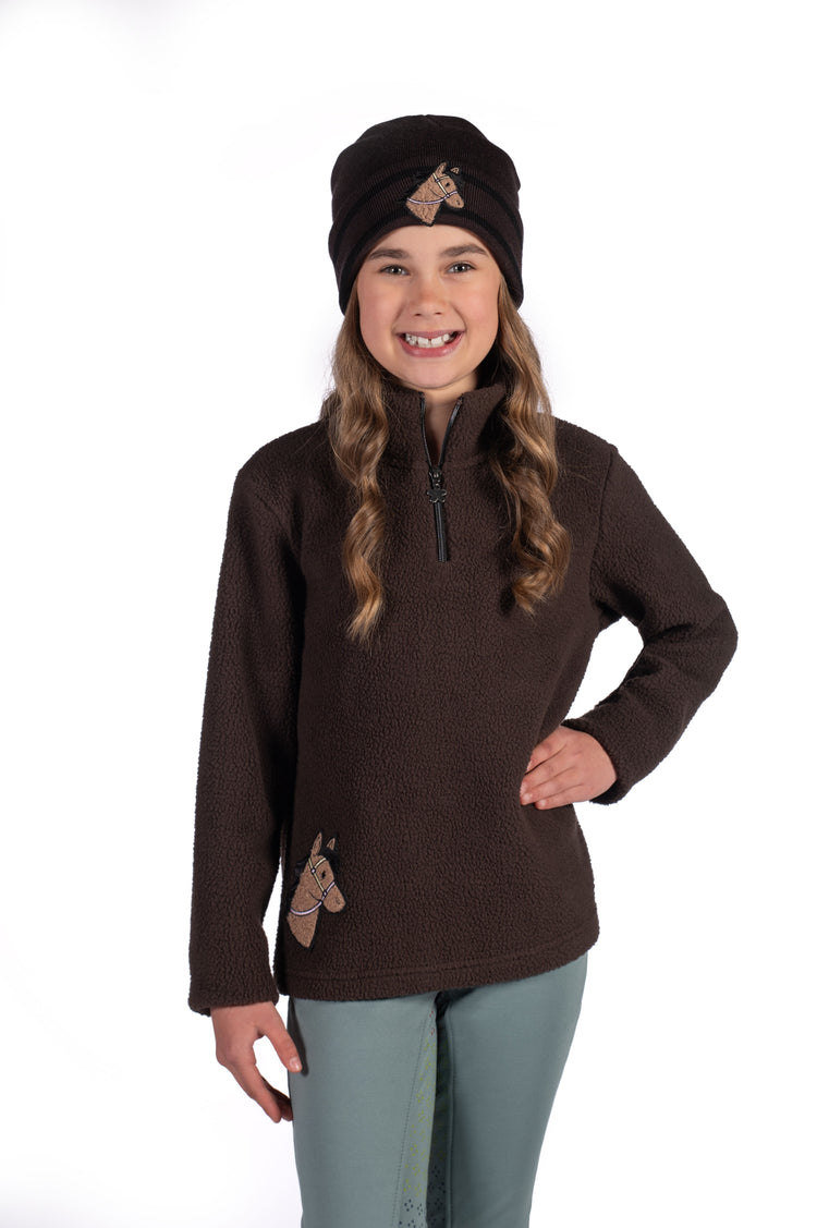 hkm kids sweater mia with teddy fur and horse head design brown