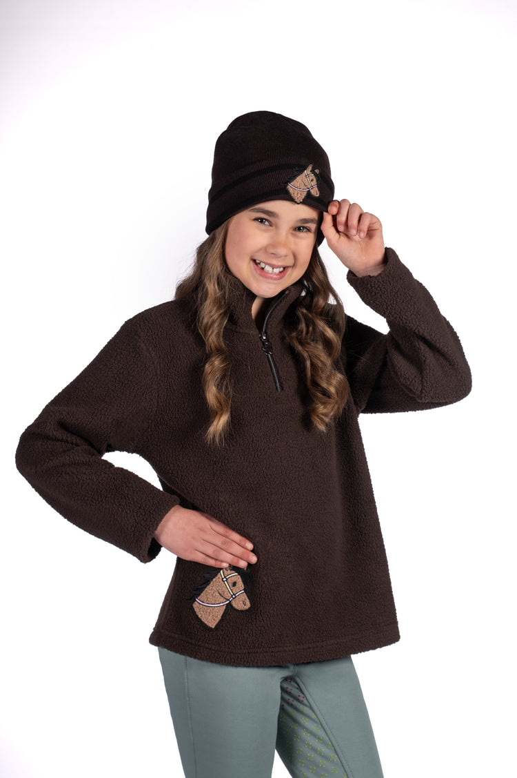 insulated kids riding sweater with teddy fur and zip collar dark brown