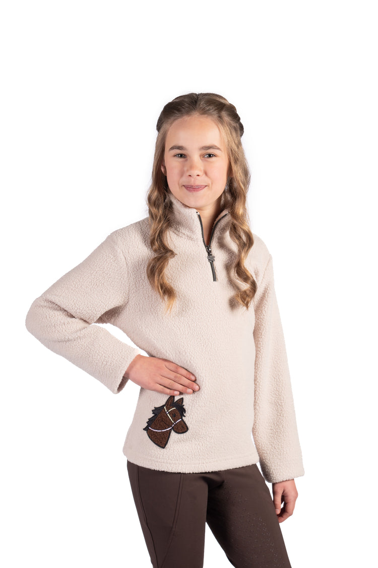 warm children’s equestrian sweater with horse head application beige