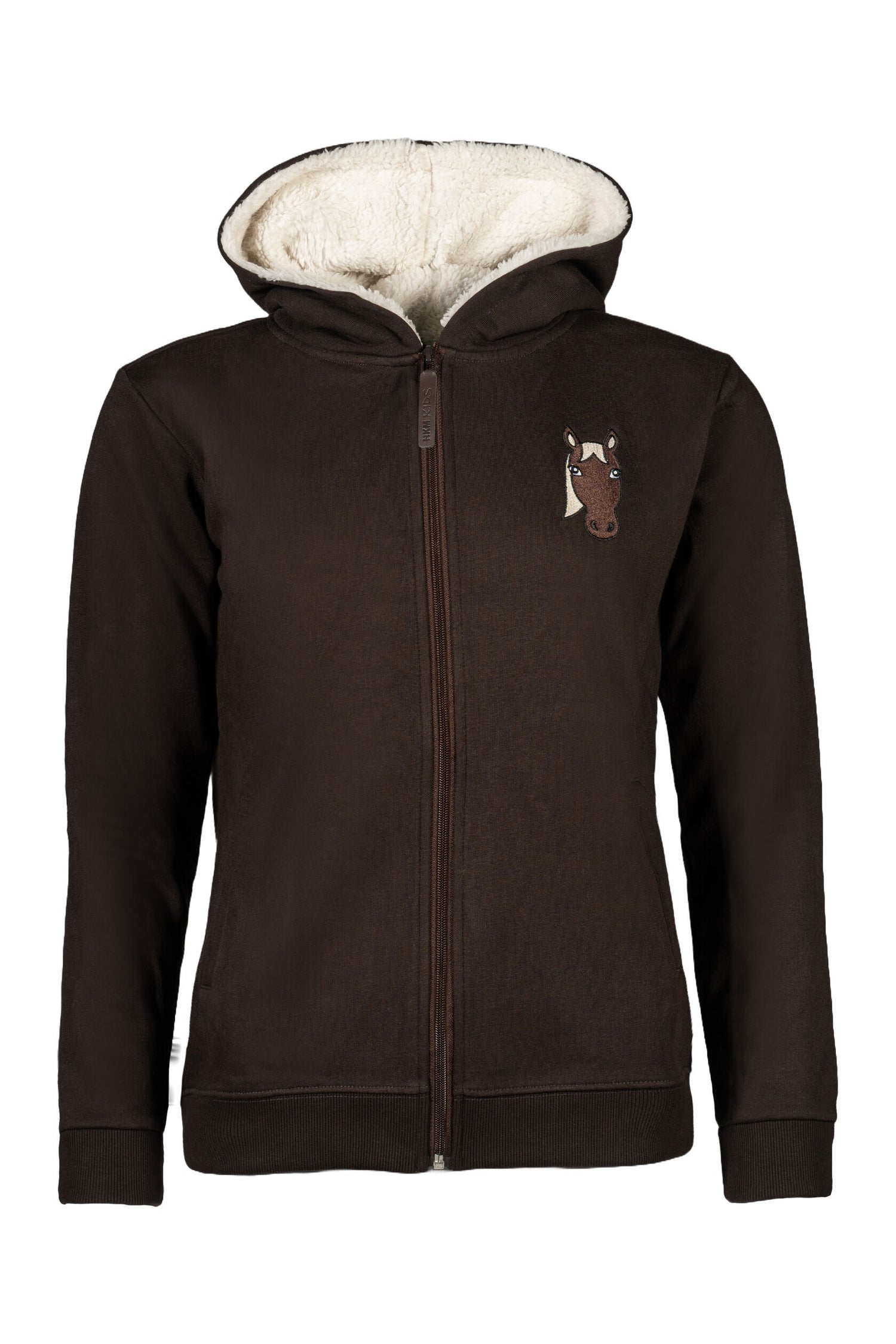 warm insulated kids riding jacket with teddy lined hood dark brown