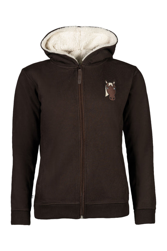 warm insulated kids riding jacket with teddy lined hood dark brown