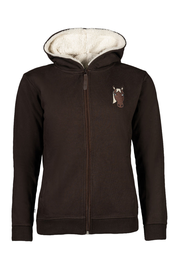 warm insulated kids riding jacket with teddy lined hood dark brown