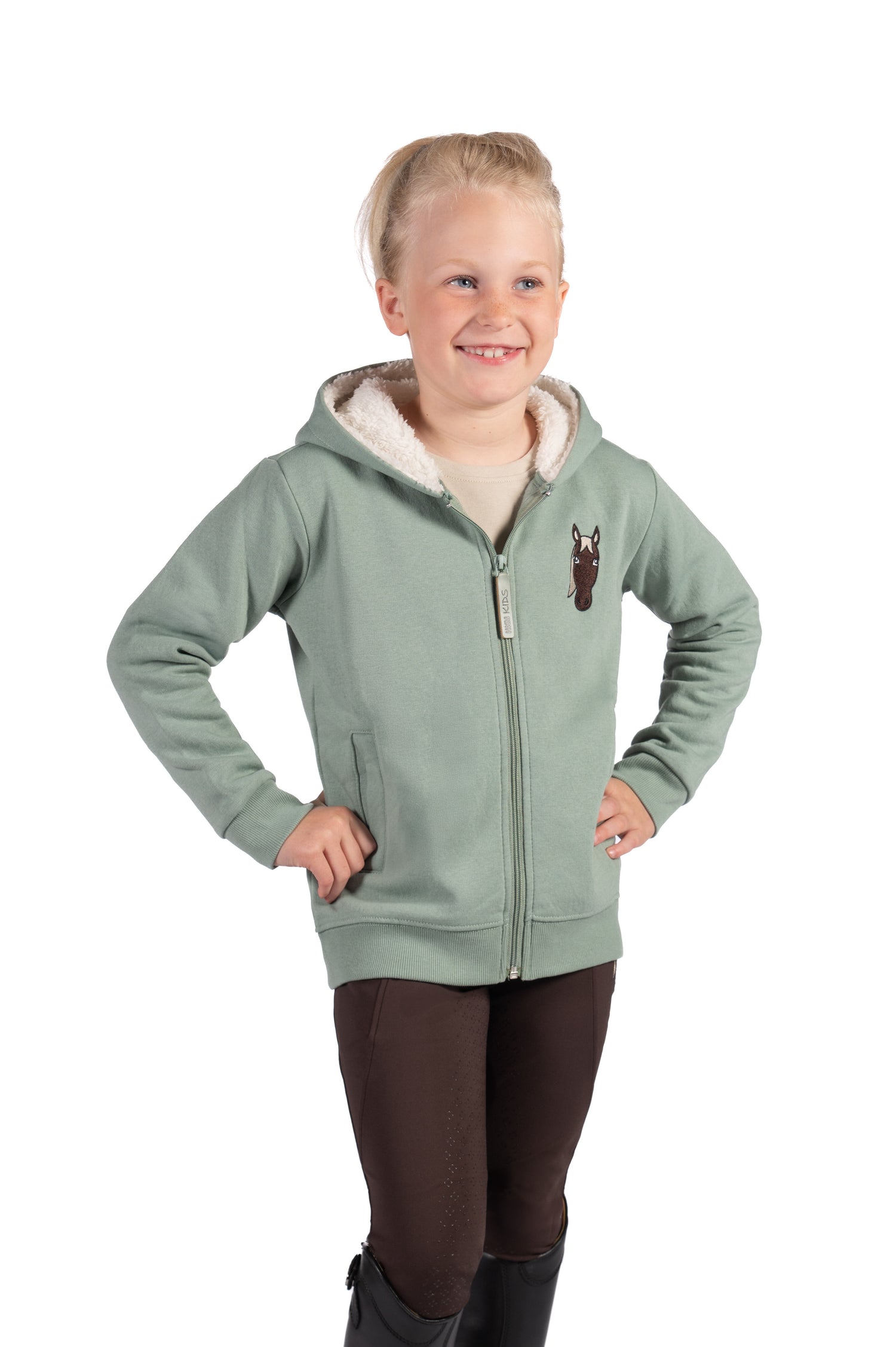 cosy kids jacket with brushed inside and ribbed cuffs sage