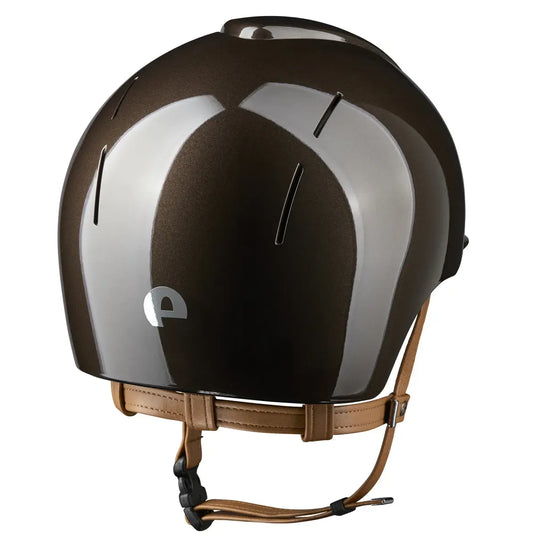 Modern horse riding helmet with extended neck guard beige strap