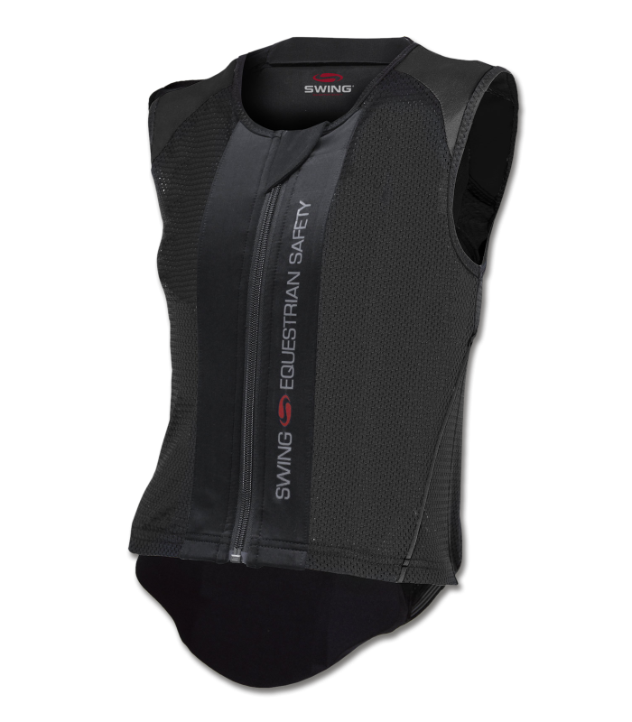 Adult rider wearing SWING P06 Flexible Back Protector demonstrating mobility and comfort
