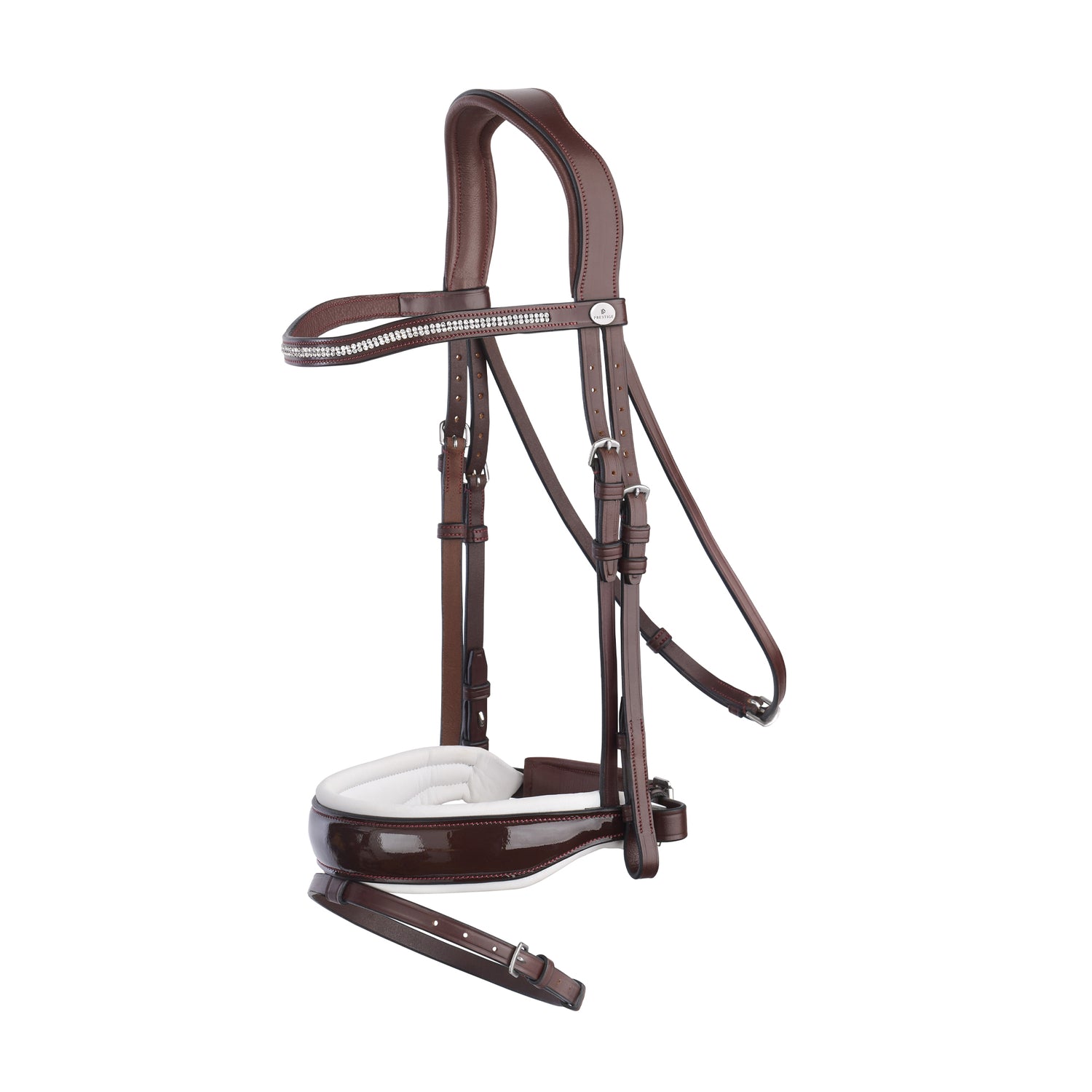 Brown dressage bridle with white padding and patent leather