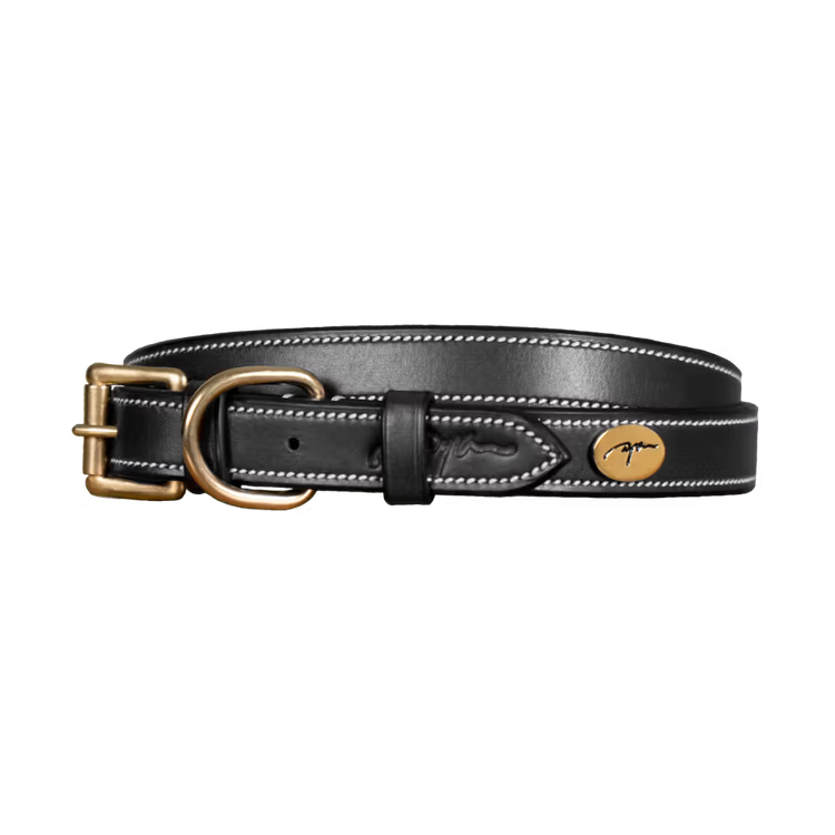High quality black leather dog collar with cream stitching
