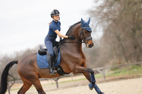 Woman riding a brown horse in the ANKY 3C collection navy