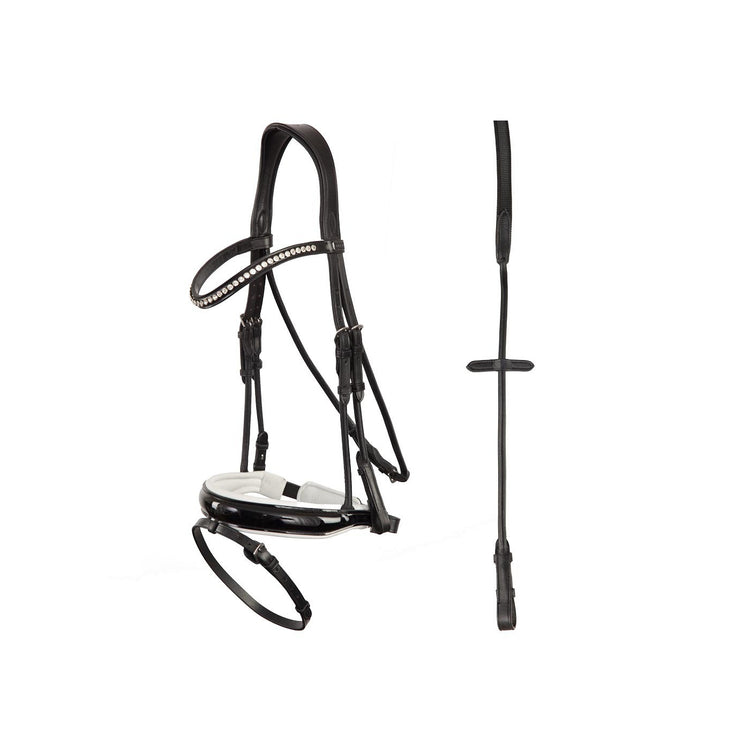 Dressage bridle with patent noseband and white padding