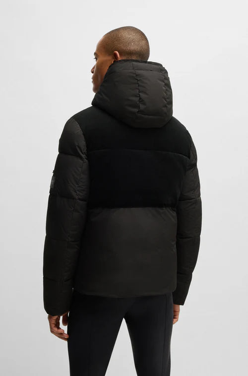 Black puffer coat with hood for men