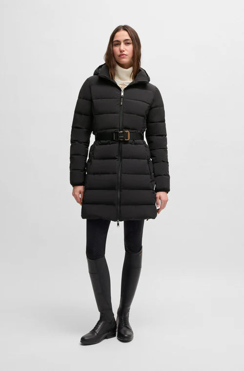 Black winter puffer jacket with gold belt
