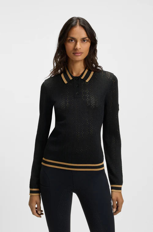 Woman wearing the Boss Equestrian Knit Polo Sweater in Black