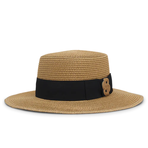 Tan straw hat with a black band and brown Boss Equestrian logo