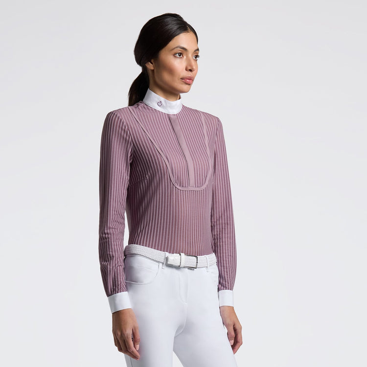 Woman wearing a Cavalleria Toscana Striped long sleeve show shirt in dusty pink