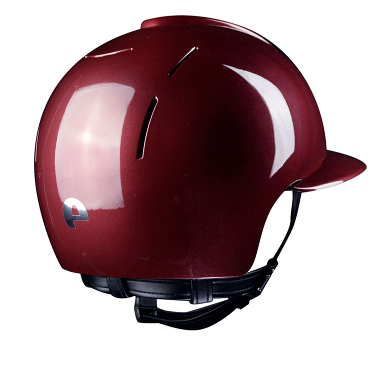 Burgundy colored horse riding helmet with polo visor