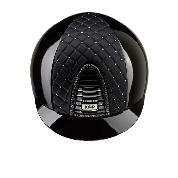 Expensive black horse riding helmet