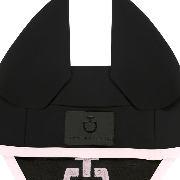 CT fly bonnet in black with light pink edging and logo
