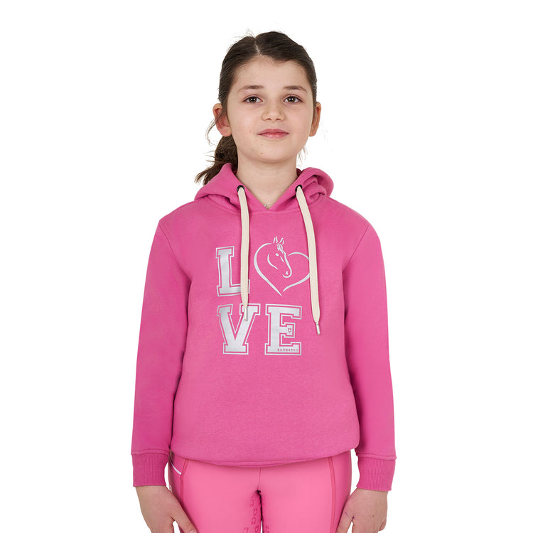 Equestro fleece hoodie for girls with love horse print pink