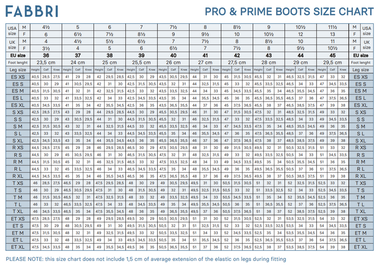 Fabbri boots size chart