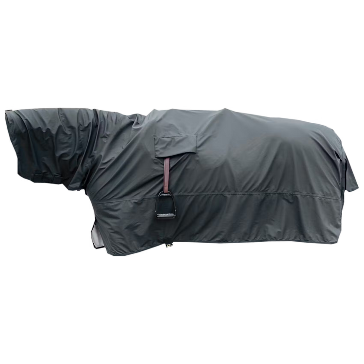 Rain rug for horse riding with stirrup holes