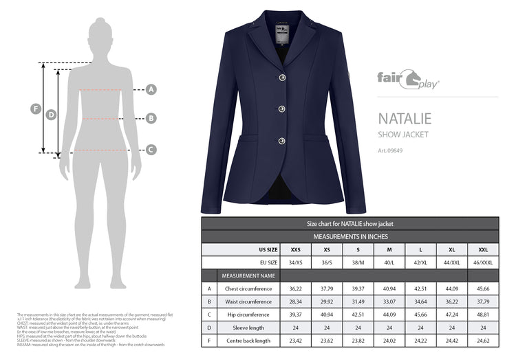 Fair Play Show Jacket Size Chart Inches