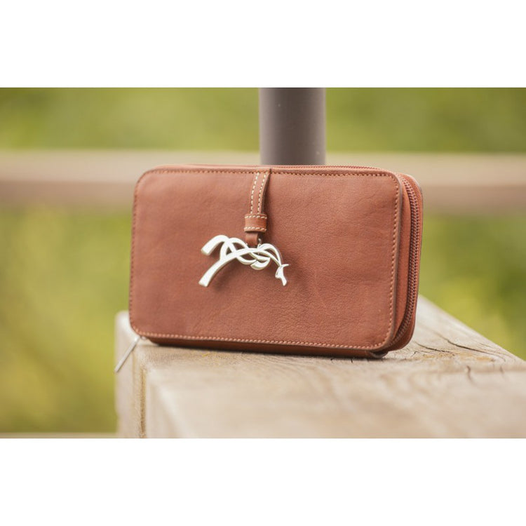 Cowhide leather zip wallet with secure closure and a classic rectangular design.