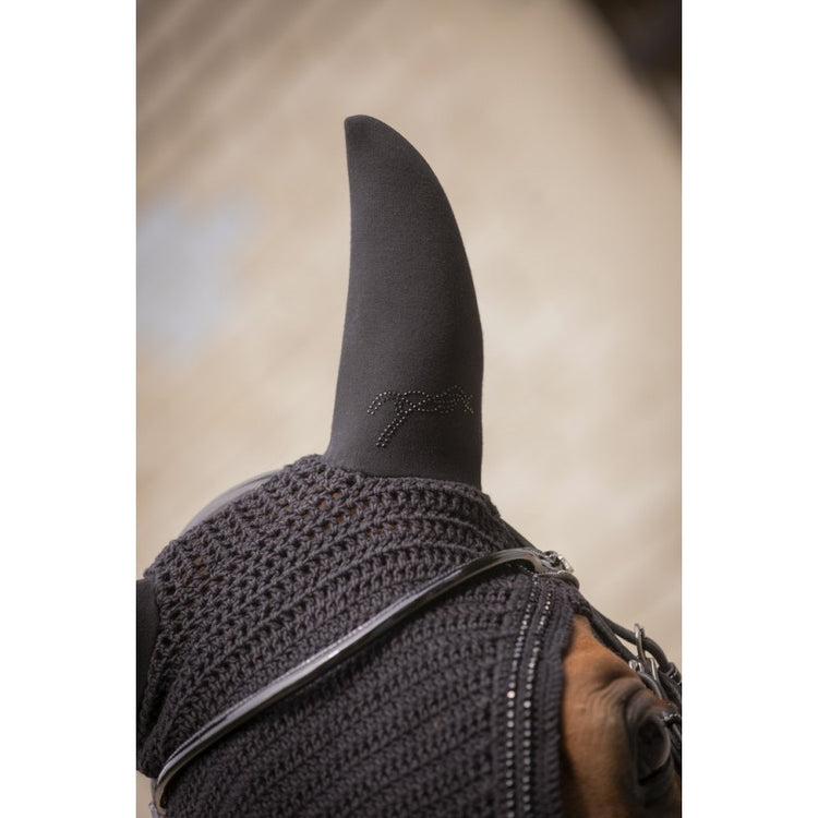 Crochet horse ear bonnet with dense knit designed to sit neatly around the horse&