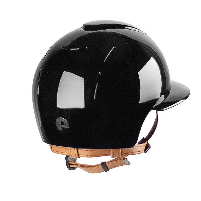 Black polish equestrian helmet with beige chin strap