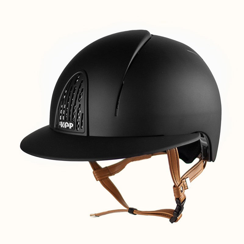 Black horse riding helmet with brown strap and wide brim