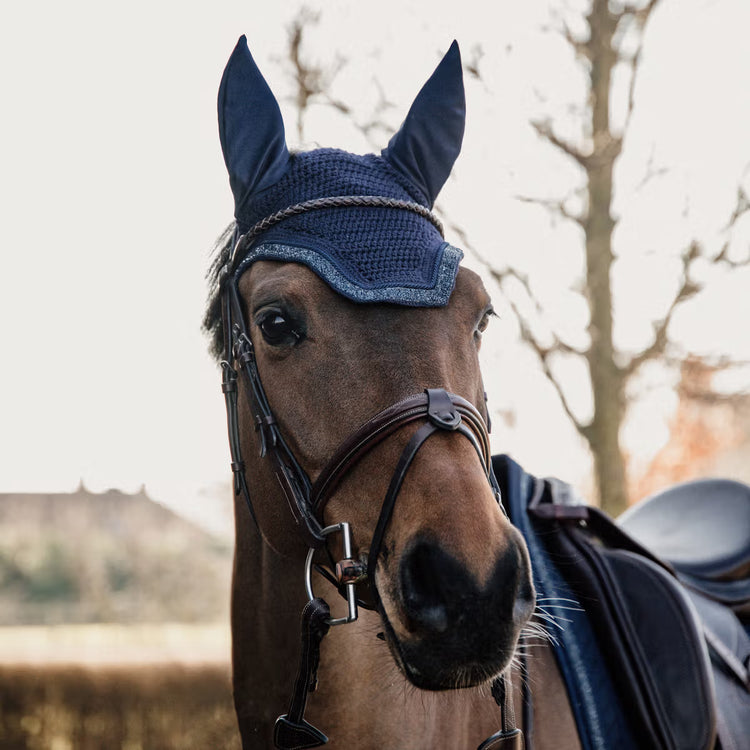 Equestrian ear bonnet with glitter detailing for a refined competition outfit.