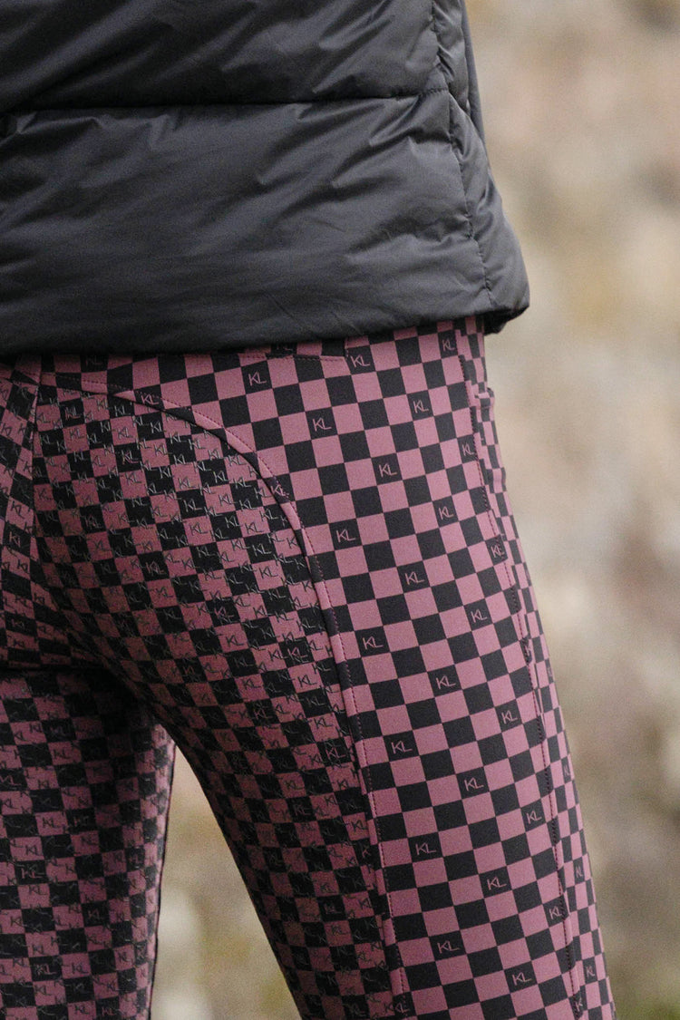 Close up of Kingsland checked breeches in plum wine