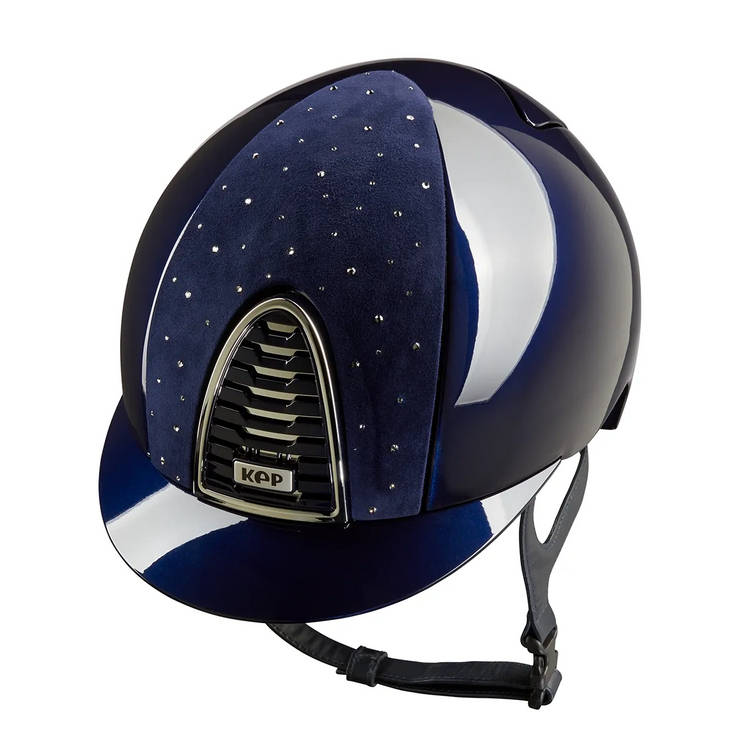 Premium KEP Italia Cromo 2.0 equestrian helmet featuring the elegant Goccia design in polished blue.