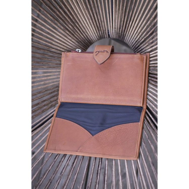 Large leather wallet with compartments for cards, coins and important papers.