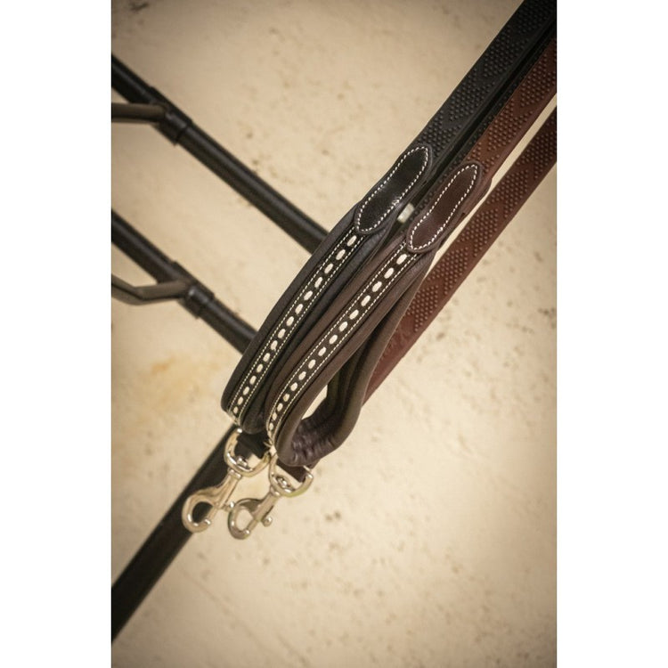 Leather dog lead with stainless steel hardware and durable rubber section for daily walks.
