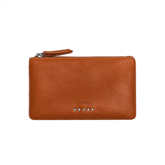 Leather pouch with top zip closure and decorative stud details