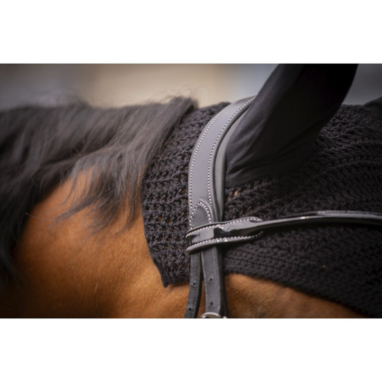 Lightweight equestrian fly veil with delicate crochet detailing and square-cut front.