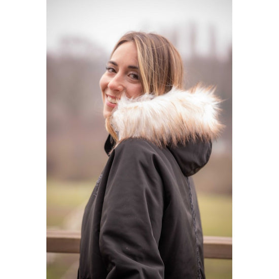 Penelope Aiko faux fur riding jacket with warm lined hood and comfortable relaxed fit.