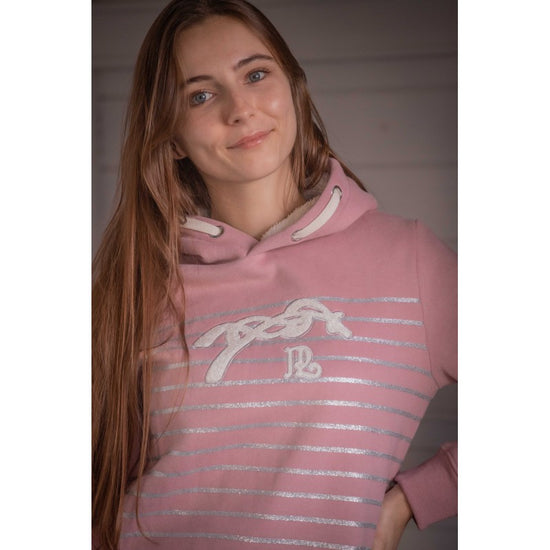 Penelope Ikona hoodie with white bouclé logo embroidery and refined silver round drawstring.
