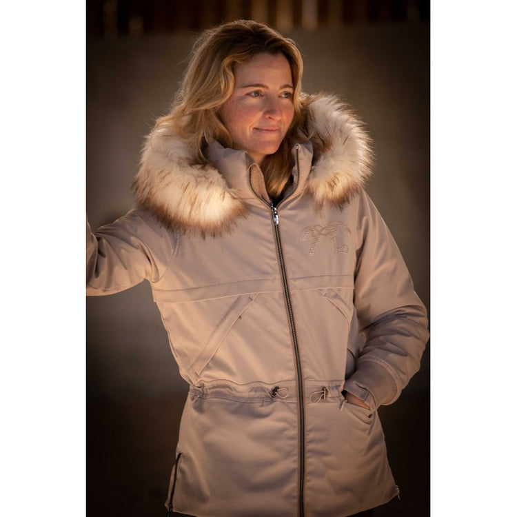 Penelope Steppy warm equestrian parka with Sherpa lining, removable hood and practical riding features.