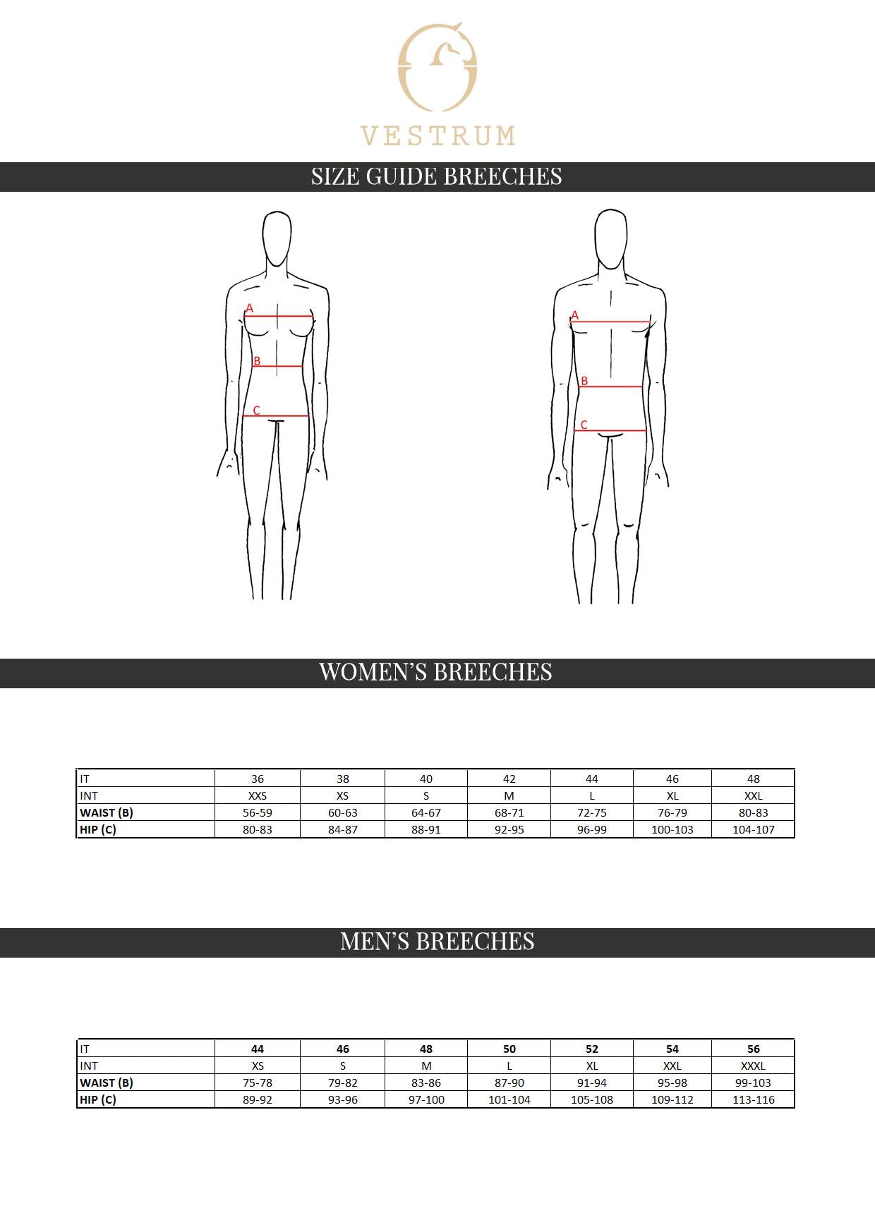 vestrum riding breeches size guide