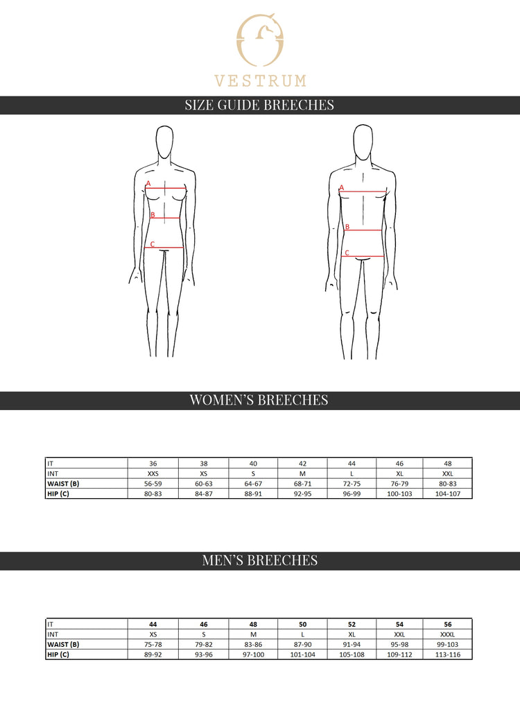 Vestrum equestrian breeches size chart