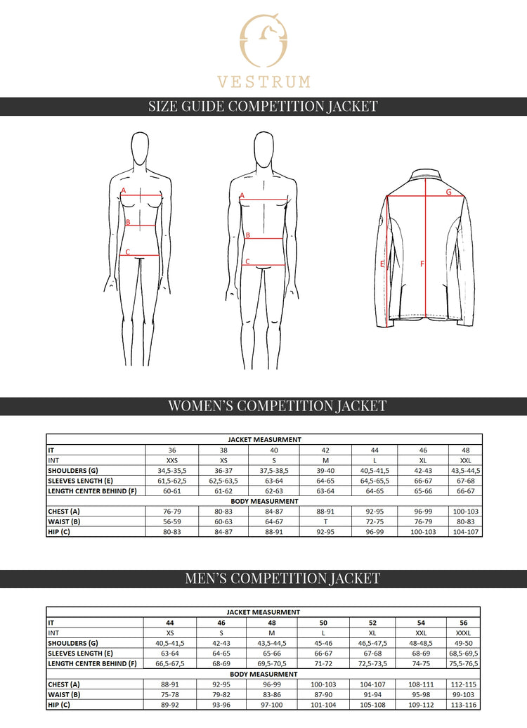 Vestrum equestrian competition jacket size chart